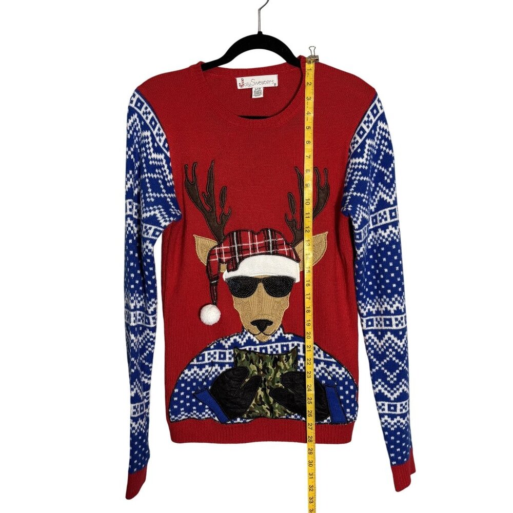 Funny Christmas Sweater With Reindeer Wearing Sunglasses & Santa Hat Red - Picture 5 of 8